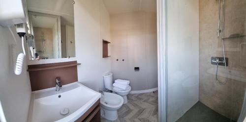 托尔托利Agriturismo Su Canonigu的浴室配有卫生间、盥洗盆和淋浴。
