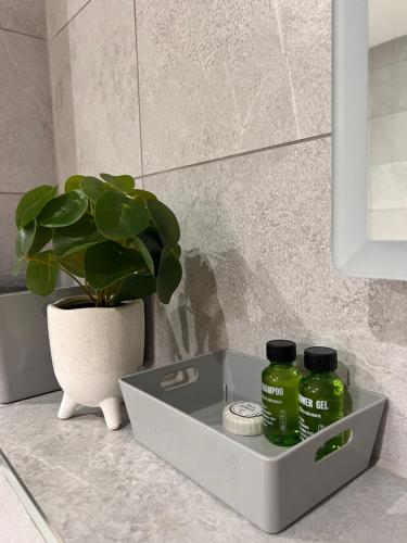 索利赫尔Cosy Suite in Shirley的浴室水槽和2瓶绿瓶