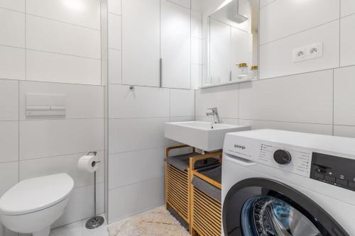 PrievozCozy apartment near city centrum and Bratislava airport的白色的浴室设有洗衣机和水槽。