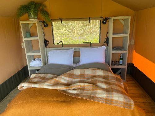 霍尔沃德Camping Zee van Tijd Holwerd的一张带毯子的床和一扇窗户