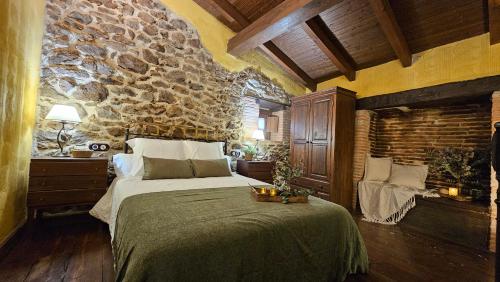莱德斯马La Clerecia de Ledesma的一间卧室设有一张大床和石墙
