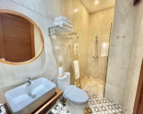登巴萨Livin Sanur Villa的一间带水槽、卫生间和淋浴的浴室
