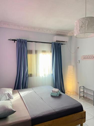 科纳克里Los Angeles to Conakry *KIPE*的一间卧室配有一张带蓝色窗帘的大床