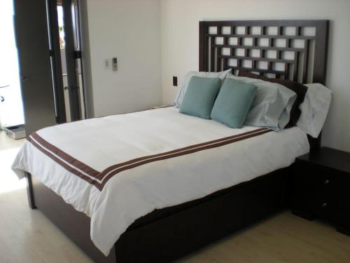 圣地亚哥Stunning View Mission Bay Luxury Home Private Pool的一间卧室配有一张带蓝色枕头的大床