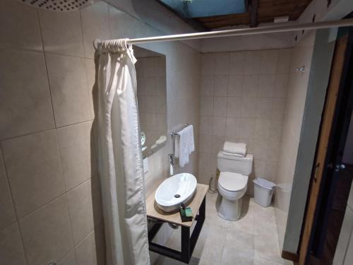 瓜斯卡果园咖啡旅馆的一间带卫生间和淋浴帘的浴室