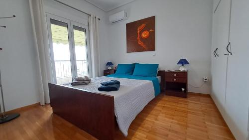 比雷埃夫斯Tomis Sea View Apartment的一间卧室配有一张带蓝色枕头的床。