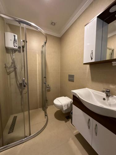 锡德Anka Butik Hotel - Adults Only的带淋浴、卫生间和盥洗盆的浴室