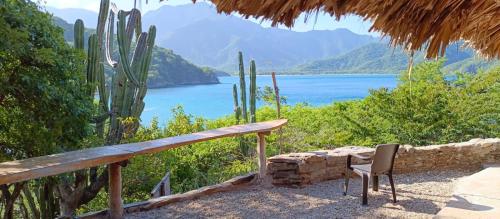 圣玛尔塔Mirador Playa Cristal Tayrona的享有湖泊和山脉美景的长凳
