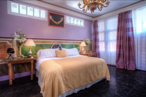 巴亚尔塔港里维拉德尔里奥精品酒店的一间卧室配有一张床、吊灯和窗户。