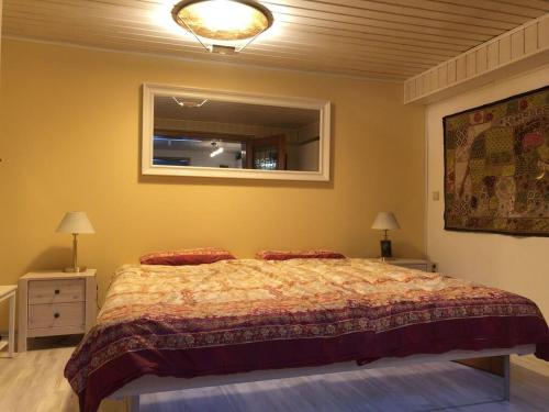 Holiday apartment oasis的一间卧室配有一张大床和镜子