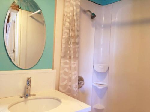 西雅图A-Capital Hill Hideaway的一间带水槽、镜子和淋浴的浴室
