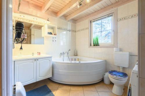 巴贝Ferienhaus Seepferdchen的带浴缸、盥洗盆和卫生间的浴室