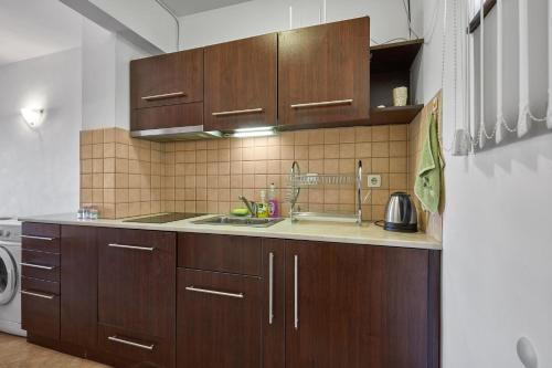 布尔加斯Charming 2BD Guest House in Sozopol的一个带木制橱柜和水槽的厨房