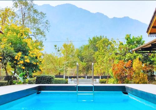 万荣Vang Vieng Garden Villa的山景游泳池