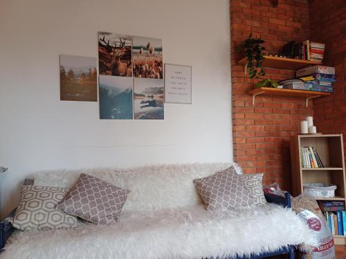 ValgianoChalet Grazia的墙上的白色沙发,配有枕头和海报