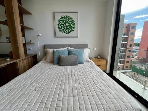 危地马拉UaSenua -Beautiful New Apartment的一间卧室设有一张大床和大窗户