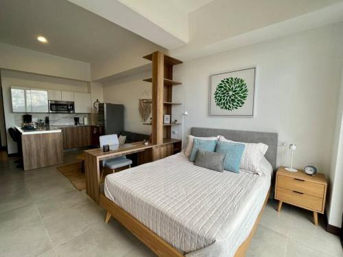 危地马拉UaSenua -Beautiful New Apartment的一间卧室配有一张带书桌的床和一间厨房