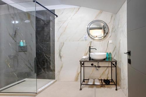 布加勒斯特Hotel Forty One的带淋浴、盥洗盆和镜子的浴室