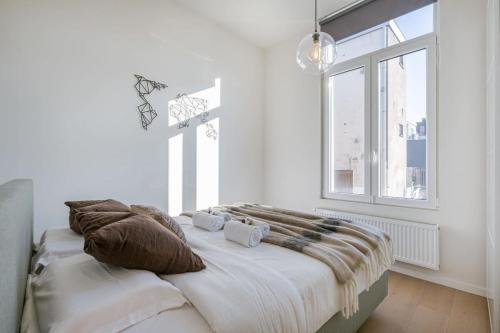 安特卫普House with large and sunny terrace的卧室配有带枕头的床铺和窗户。