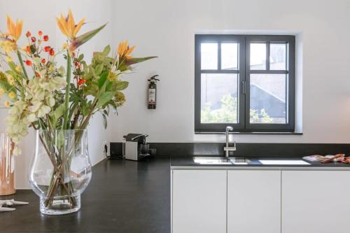 克诺克－海斯特Exquisite apartment on a great location in Knokke的厨房里的花瓶,坐在柜台上