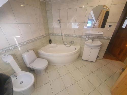 克罗斯诺Beskidy的浴室配有卫生间、浴缸和水槽。