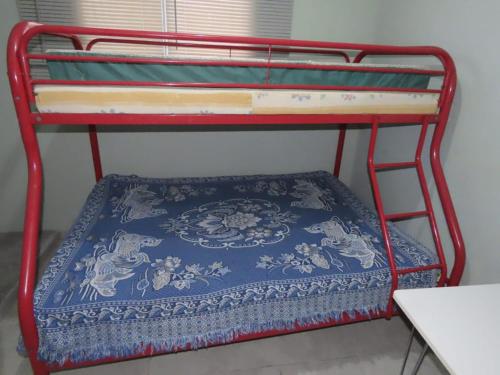 博尔坎Casa Exploradores的一张红色双层床,上面有蓝色地毯