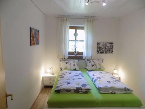FreudenseeHauzenberg App 303的一间卧室设有一张绿色的床和一个窗户。