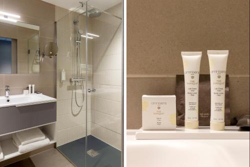 科尔马James Boutique Hôtel Colmar centre的两张照片,浴室设有淋浴和水槽
