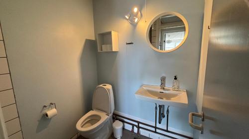 森讷维颂德维希小屋及露营地的一间带卫生间、水槽和镜子的浴室
