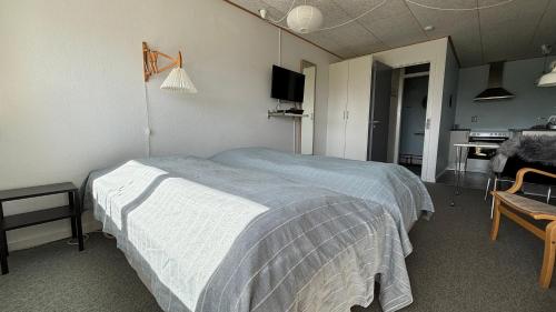 森讷维颂德维希小屋及露营地的一间带一张床和一张书桌的卧室和一间厨房