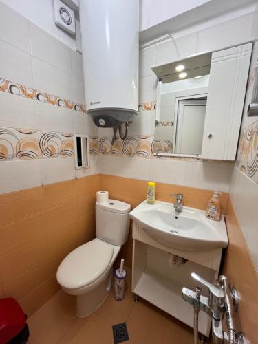 索非亚En-Suite Rooms: Novа Guesthouse in Sofia Center的一间带卫生间、水槽和镜子的浴室