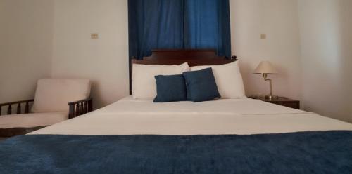 Grand BrasRainbow Inn的一间卧室配有一张带蓝色枕头的大床