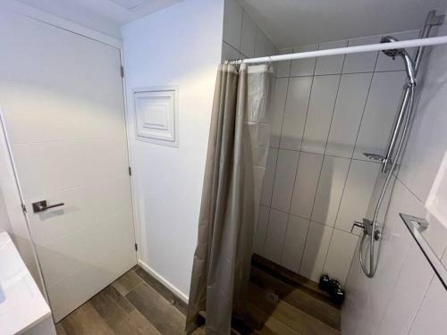 危地马拉Medju - Elegant Apartment的浴室里设有玻璃门淋浴