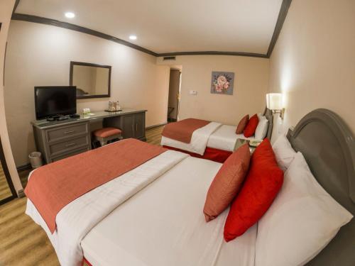 危地马拉桑坦德广场酒店的酒店客房设有两张床和电视。