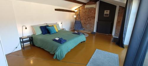 阿斯蒂Centro storico-Dimora con terrazza- Wi-Fi e Ac的一间卧室配有带蓝色枕头的绿色床