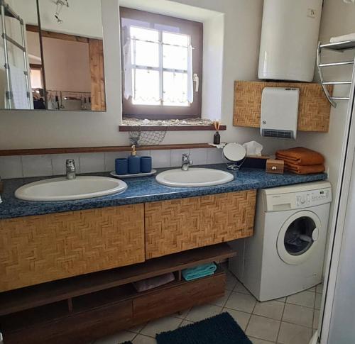 WörterbergGemütlichkeit am Vierkanthof - Apartment 1的一间带两个盥洗盆和洗衣机的浴室