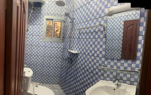 雅温得Nicole Residence的蓝色瓷砖浴室设有水槽和卫生间