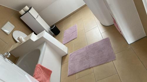 EllerauEllerau Home的浴室设有卫生间,地板上铺有紫色垫。