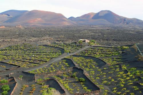 UgaCasa Rural Vega de Timanfaya的享有以山为背景的农场的空中景致