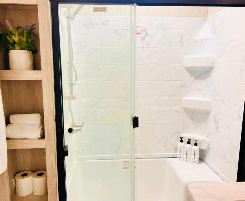 ActonBreezes Park的浴室里设有玻璃门淋浴