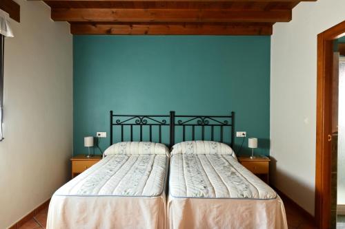 AvínApartamentos Aires De Avin - Onis的卧室内的一张床铺,卧室内有蓝色的墙壁