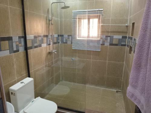 阿库雷An Entire Rare Stylish 5-Bedroom Bungalow的带淋浴、卫生间和玻璃淋浴间的浴室