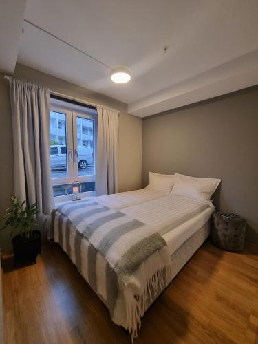 奥勒松Central Apartment Ålesund的一间卧室设有一张大床和窗户