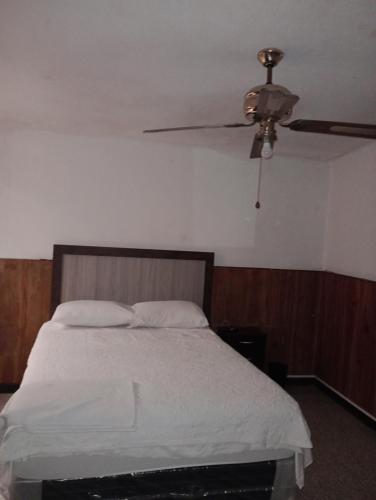 危地马拉Mundo Hostal的一间卧室配有一张带吊扇的床