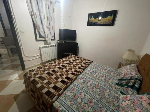 布米尔达斯Maison tranquille的一间卧室配有一张床和一台平面电视