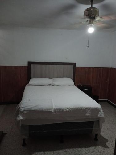 危地马拉MUNDO HOSTAL的一间卧室配有一张床和吊扇