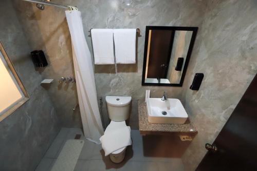 TaytayMonaco Hotel的一间带卫生间和水槽的浴室