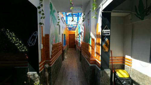 阿里卡Raymi House Hostel的墙上挂有绘画的建筑走廊