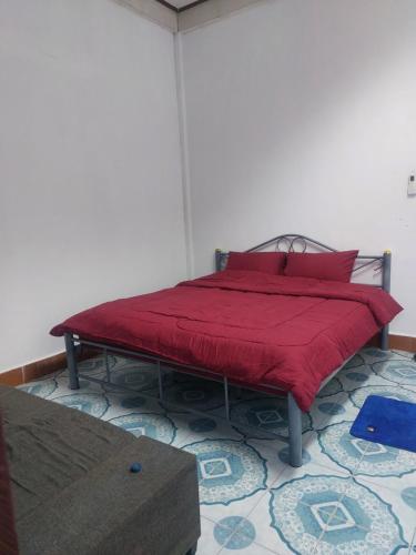万象Mabuhay Guest House的一张床上的床上,上面有红毯
