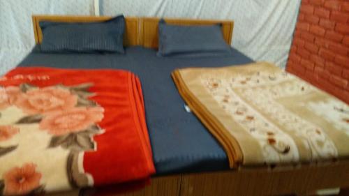 穆索里Kandi Orchard Resort的两张带蓝色和红色床单的床,床上摆放着鲜花